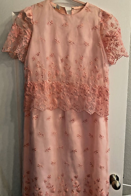 Vintage 80s SAMAX NY Pink Embroidered Eyelet Dress Size 10 - See Notes Below
