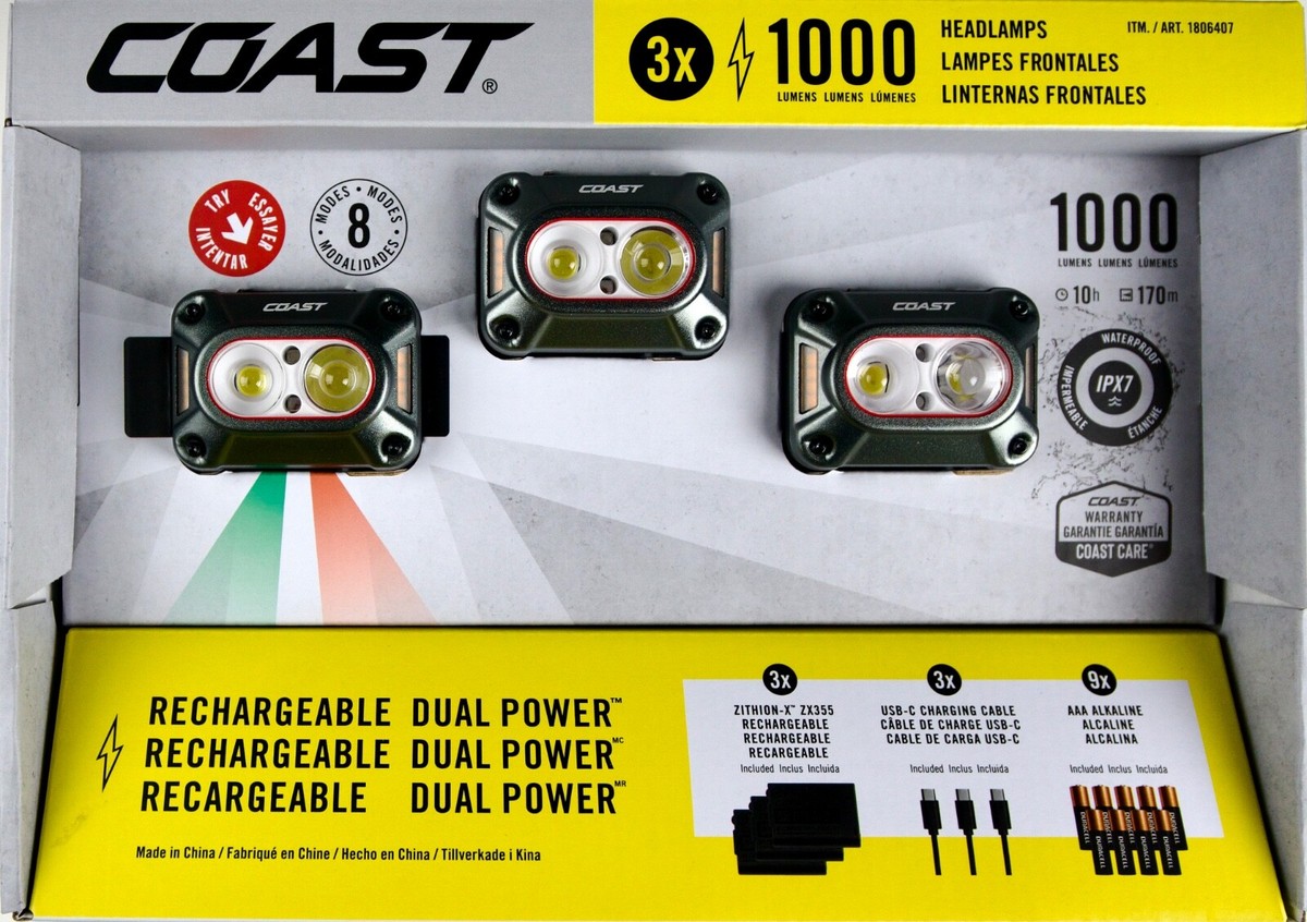 Coast CH1000R 1000-Lumen Headlamp 3-Pack – Rechargeable Dual Power