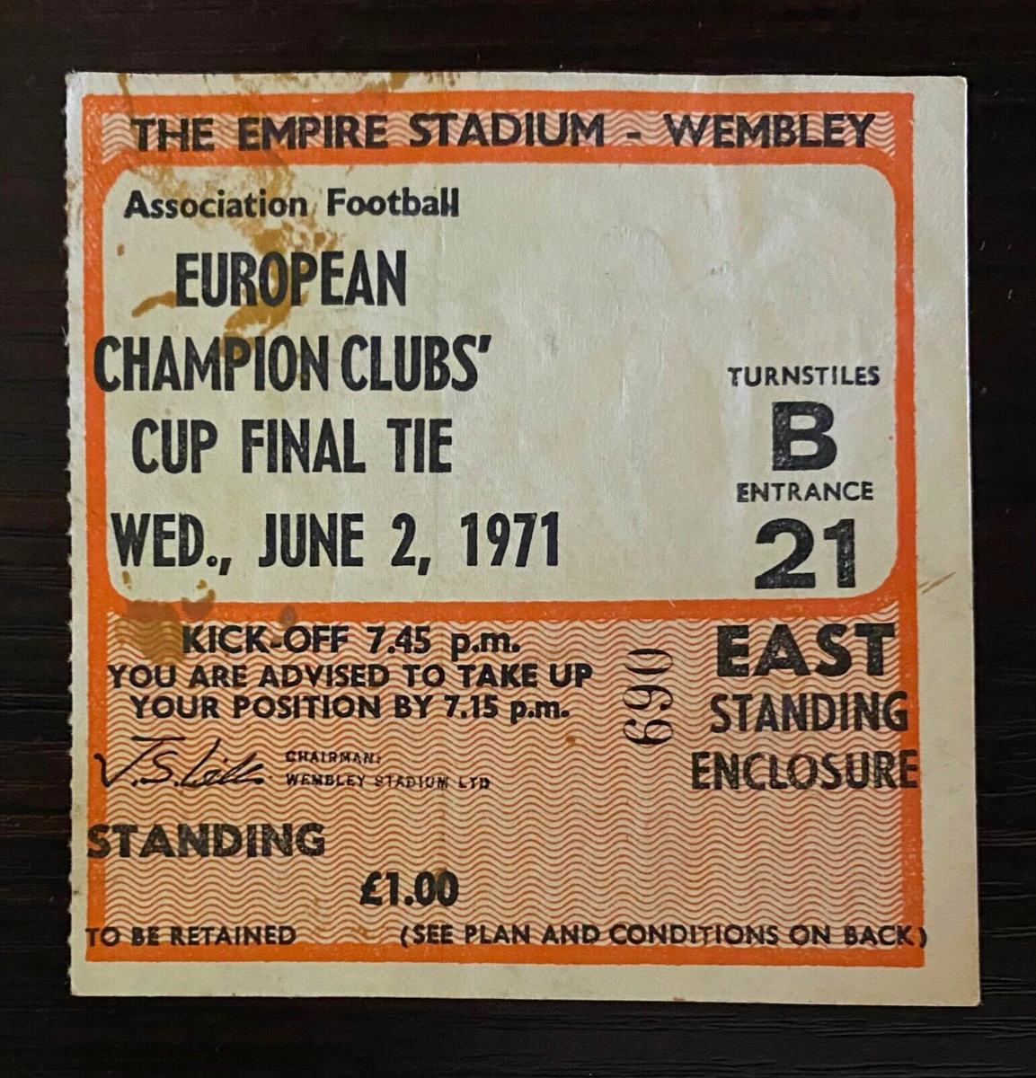 1970/1971 Johan Cruyff 1st European Cup Title Ticket Ajax