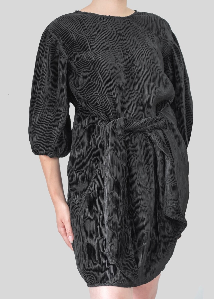 Ganni Black Belted Plissé Mini Dress Size 32 XS UK 6-10