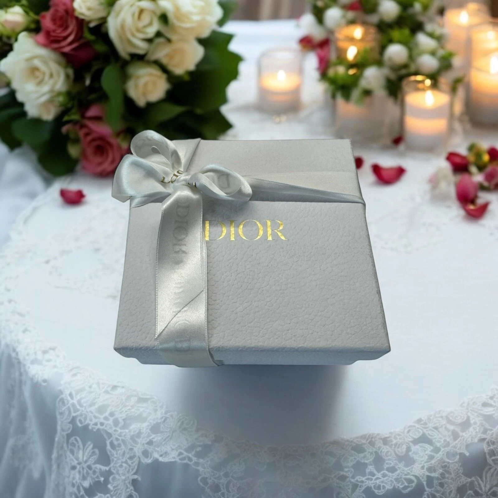 Authentique petite boîte cadeau de rangement Dior avec ruban et mouchoir 5,5”x5,5”2,25”