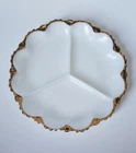 VTG Milk Glass Divided Dish Fire King White Plate Gold Trim Scalloped MCM