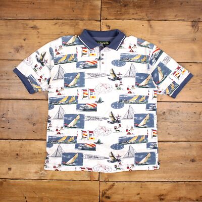 Vintage Poloshirt T-Shirt XL Ritter der Tafelrunde Segelboote weiß Tee