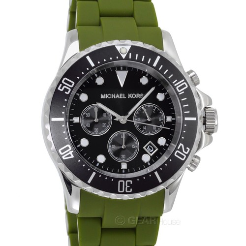Michael Kors Everest Mens Date Watch Black Dial Olive Green Silicone NIB MK8981