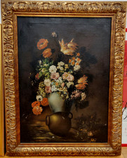 Opera unica dipinto classico olio su tela natura morta fiori in cornice