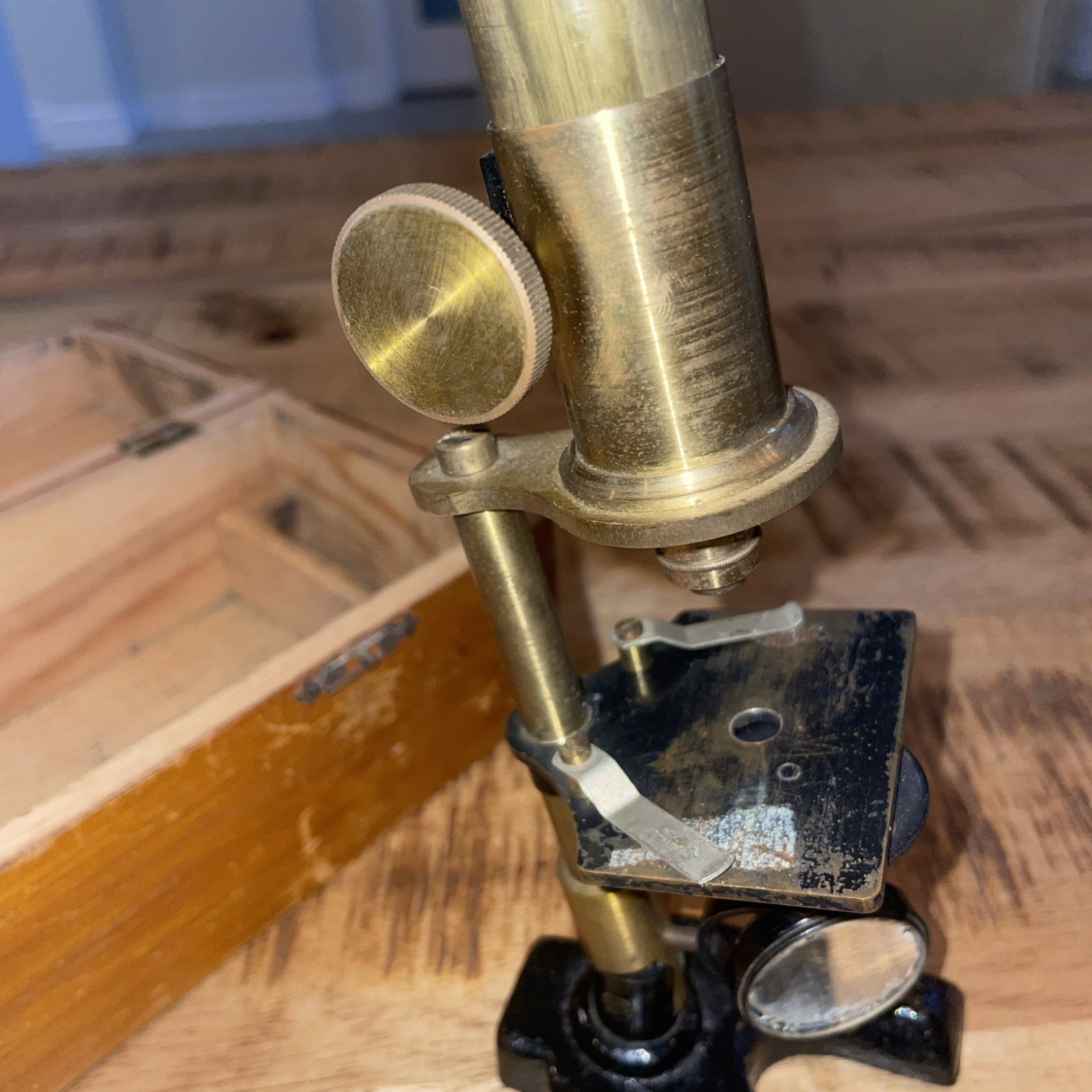 Antique Brass Microscope With Wooden Case & Slides READ