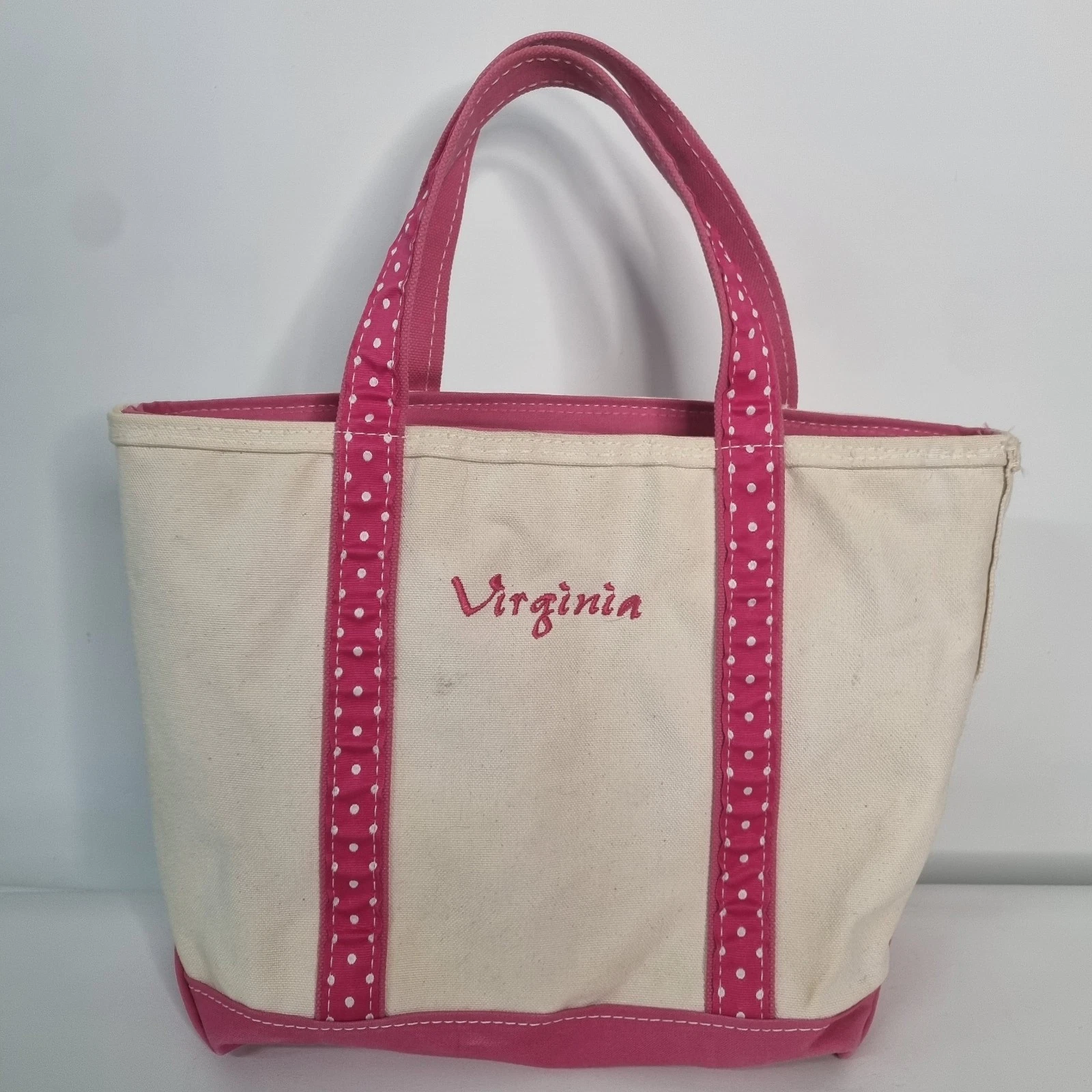 VTG LL Bean Medium Boat & Tote Virginia Natural Pink Polka Dots Zippered Top USA