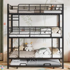 Metal Twin Size Triple Bunk Bed, W/Trundle,Detachable Design,With Built-In Ladde