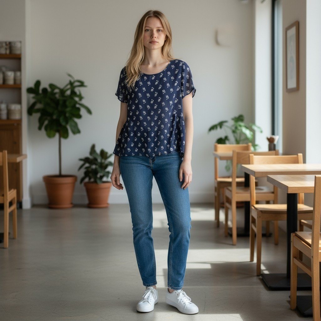 Pleione Floral Print Top Navy Blue Short Sleeve Peplum Blouse Casual