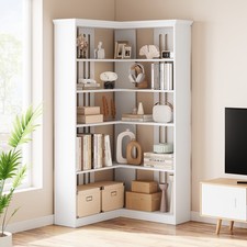L-Shaped Corner Bookshelf 5-Tier Tall Bookcase Modern Wooden Display Rack White