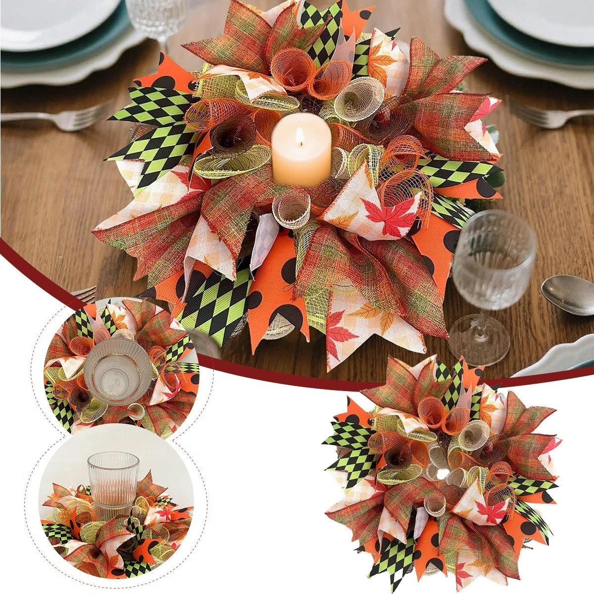 Fall Burlap Candle Holder Wreaths Rings, Orange Thanksgiving Harvest Candlerings
