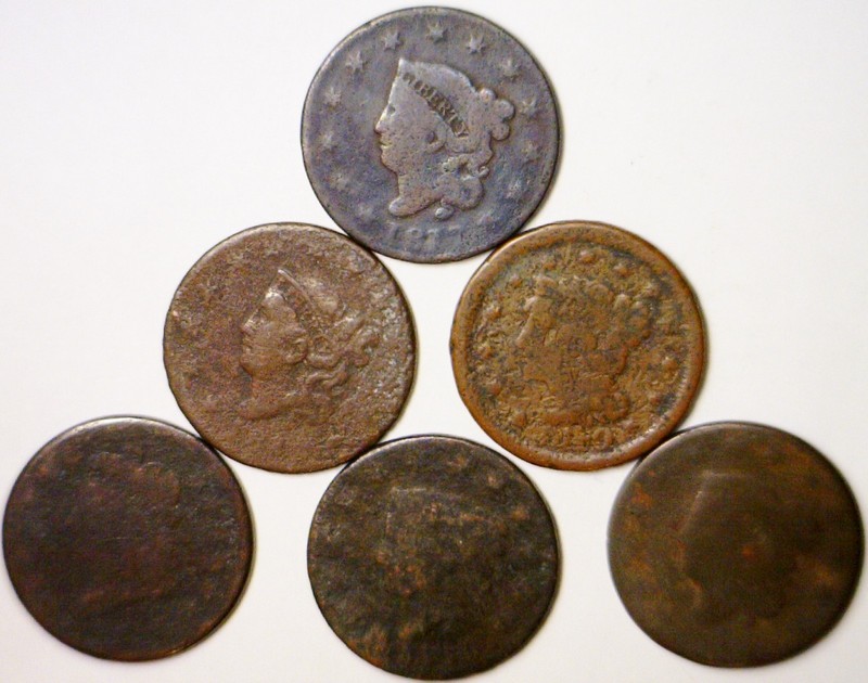 6 x Large Cent 1817 + US Copper Coins Coronet Head & Braided Hair 6 Coin LOT  NR