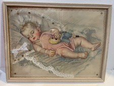 Vintage 1948 Maud Tousey Fangel Embellished Baby Print Girl in Pink w/Doll