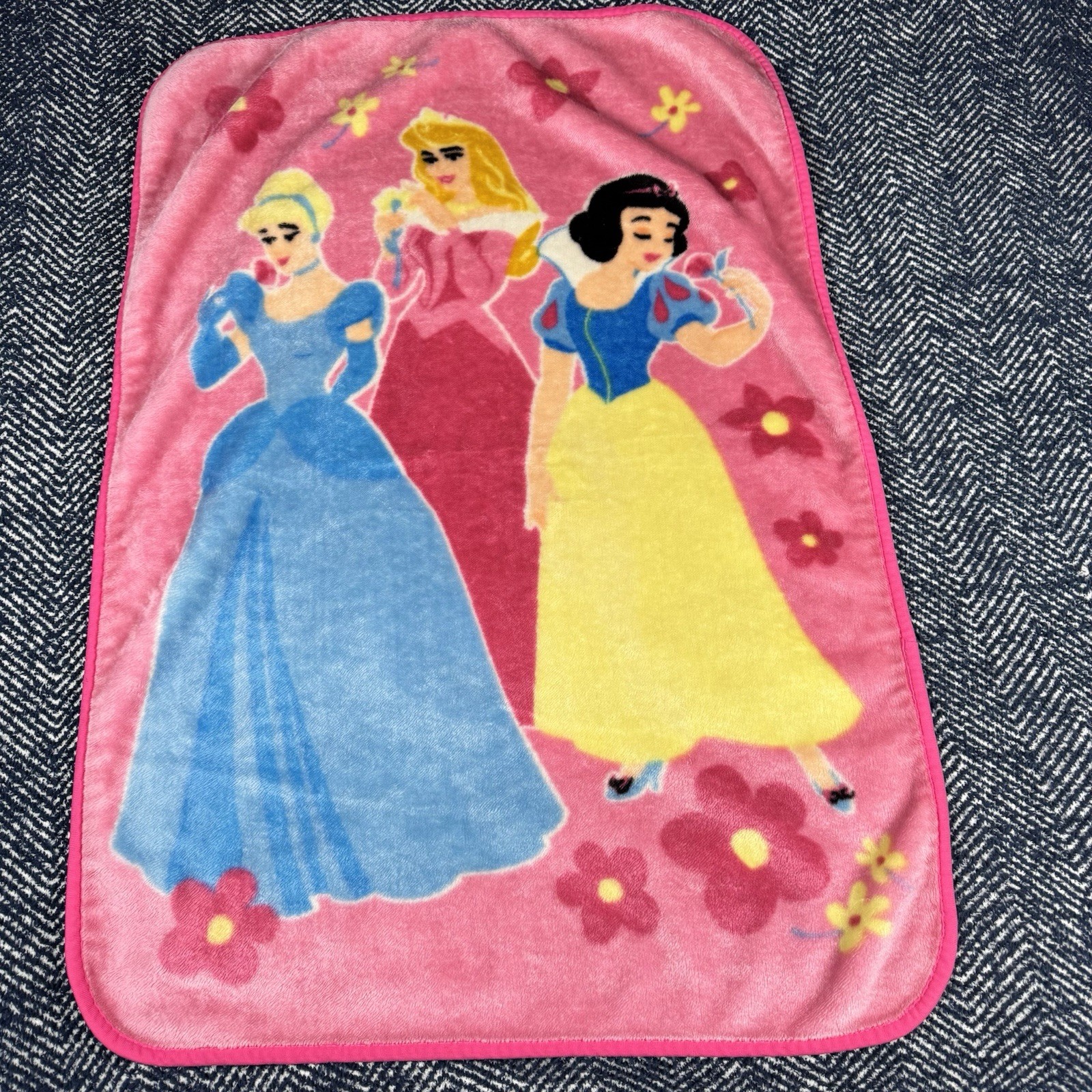Vintage Disney Plush Baby Blanket Pink Princess Snow White Belle Cinderella