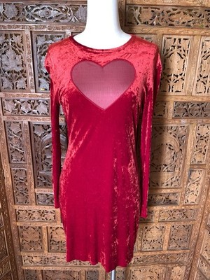 Vtg 90s LOLITA LEMPICKA Crushed Red Velvet Mini Dress Heart Cut Out Bodycon L