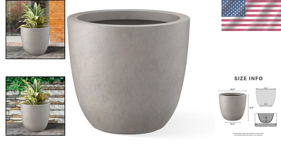 Maceta redonda grande con orificio de drenaje - hormigón pulido Foto 2 de 4