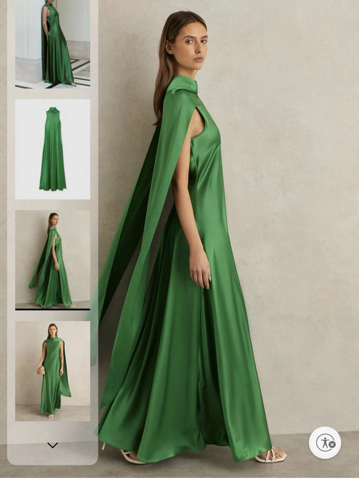 Maxi vestido con capa de satén Reiss Fae en verde Foto 2 de 2