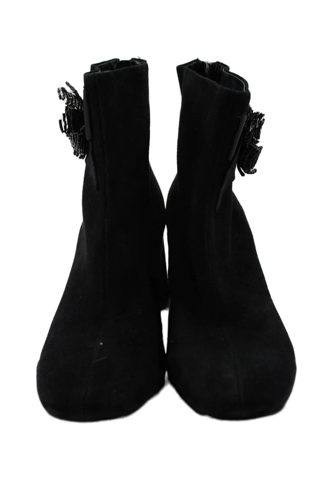 Botines al tobillo Nanette Lepore para mujer de gamuza con cuentas florales de tacón bloque negros talla 9 Foto 2 de 4