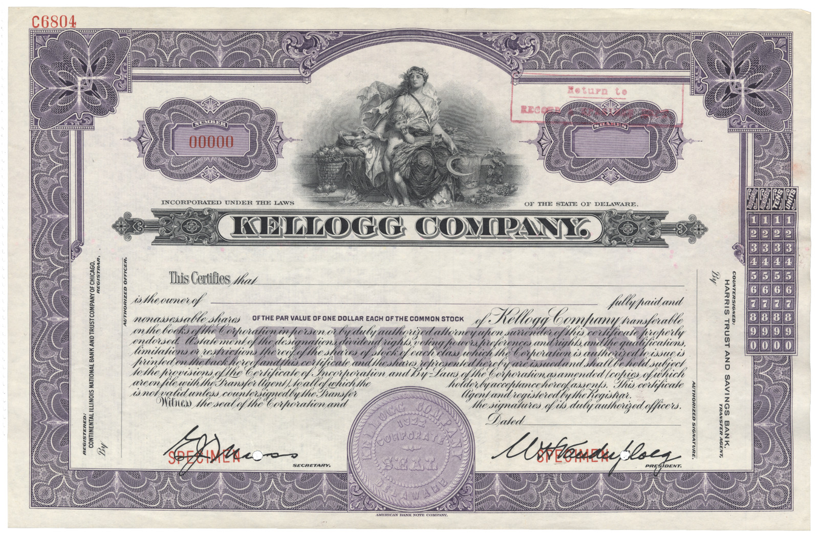 Kellogg Company. Stock Certificate.