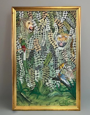 Atemberaubendes Original Vintage großes Tahiti Seidengemälde Dschungel exotische Vögel Löwe
