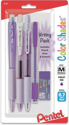 Color Shades Writing Pack - Includes; Pencil, Pens, and Erasers- Pastel Violet