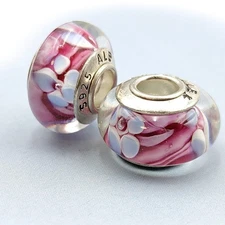 2pc Authentic Floral Pink Murano Glass 925 Sterling Silver European Charm