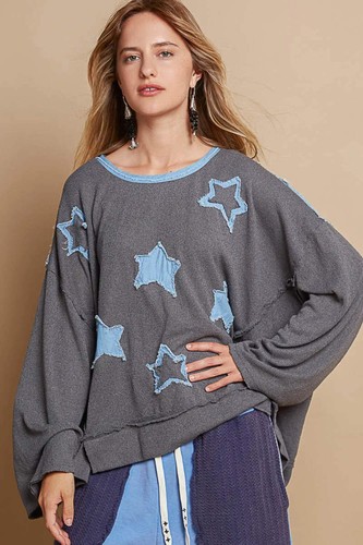 POL Exposed Seam Relaxed Fit Sweater with Star Denim Patch - Picture 7 of 11