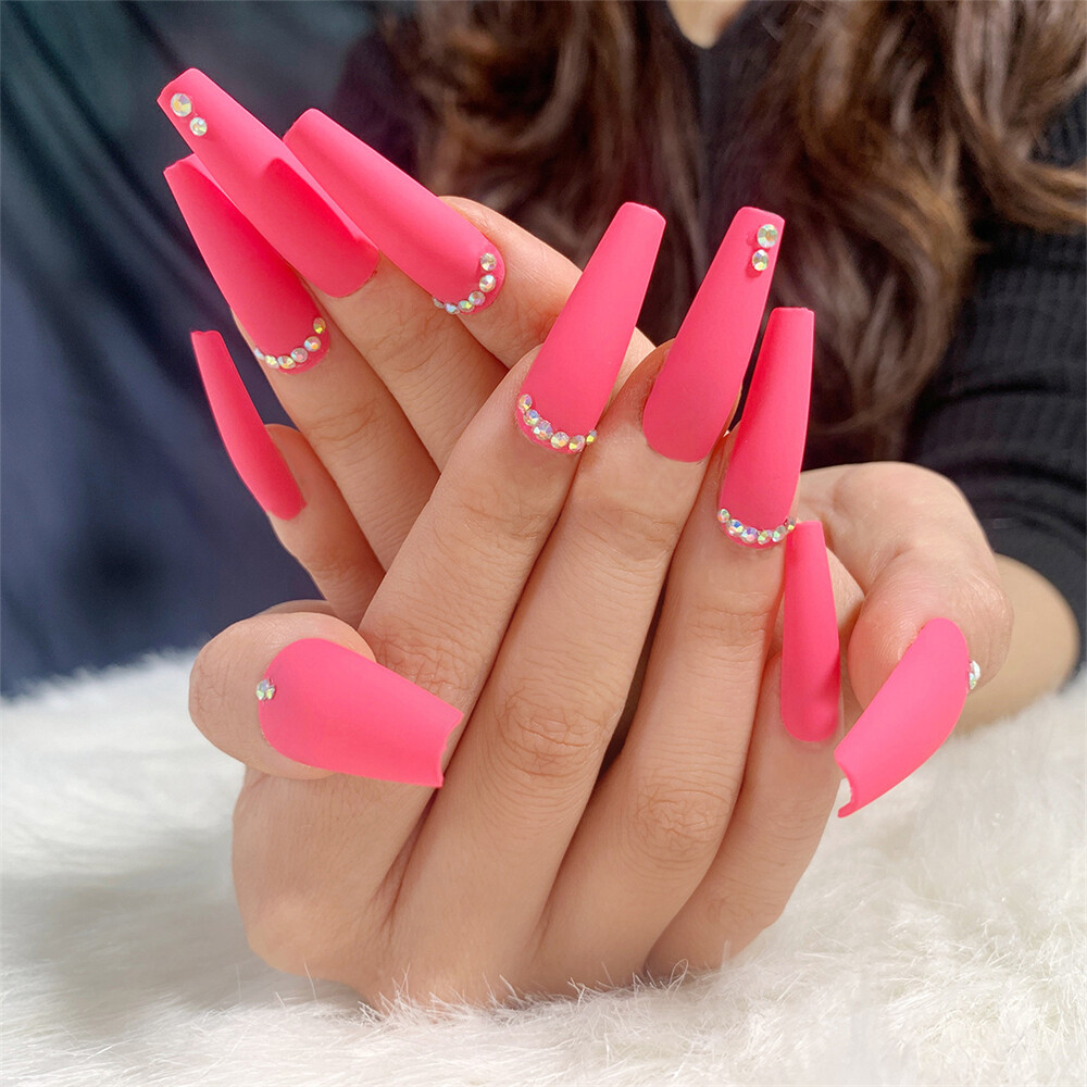 Coffin False Nails Deep Pink Rhinestones Long Press on Nails for Nail Art  24pcs | eBay