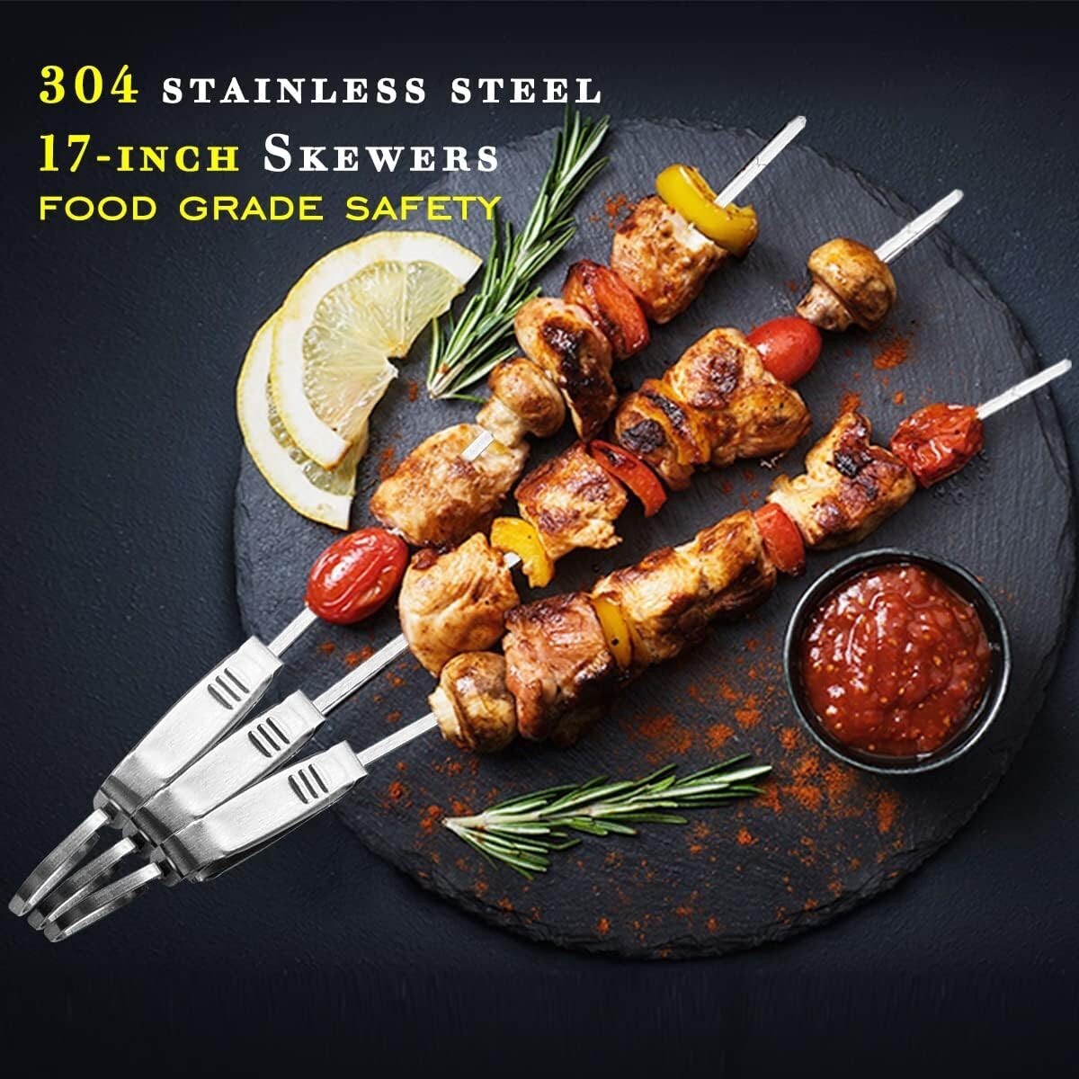 Skewers for Grilling - 17"" (8 PCS) Metal Stainless Steel BBQ with Push Slider