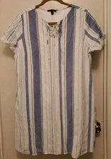 Signature Studio Dress XL Sleeveless Lace Up Neck Lined Blue White Stripe