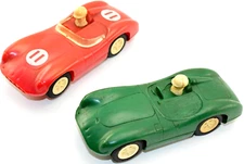 (SET of 2) - Vintage MARX Toys Slot Race Car 1/32 - RED #11 + GREEN Racing, RARE