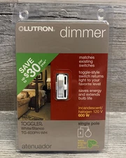 Lutron Dimmer Toggler White TG-600PH-WH. Single Pole. New Free Ship. Atenuador