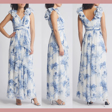 NWD $308 Eliza J [ 4 ] V Neck Floral Ruffle Strap Maxi Gown in White Blue #J967