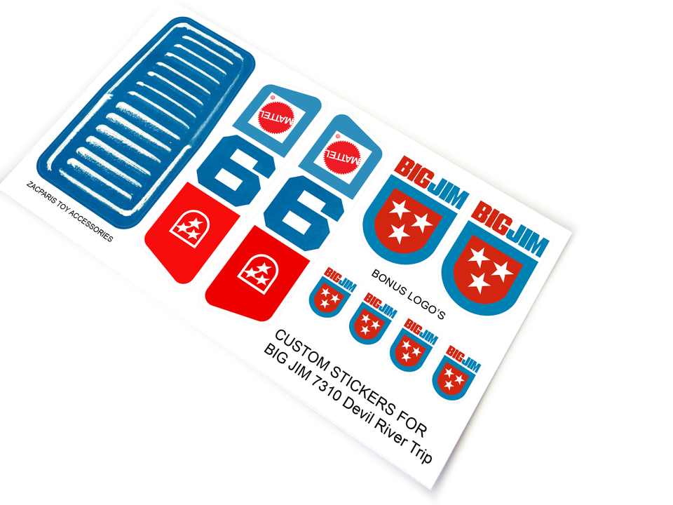 CUSTOM STICKERS for Mattel BIG JIM Devil River Trip 7310 + bonus logo's ...