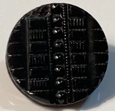 Antique Jet Black Glass Button Art Deco Geometric Relief Tunnel Shank 1/2"