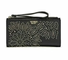 VICTORIA'S SECRET LASER CUT STUDDED BLACK/GOLD SLIM WRISTLET WALLET (NWT) 