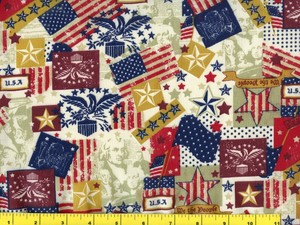 Patiotic Red White Gold Blue Flags Stars Eagles Quilting Fabric