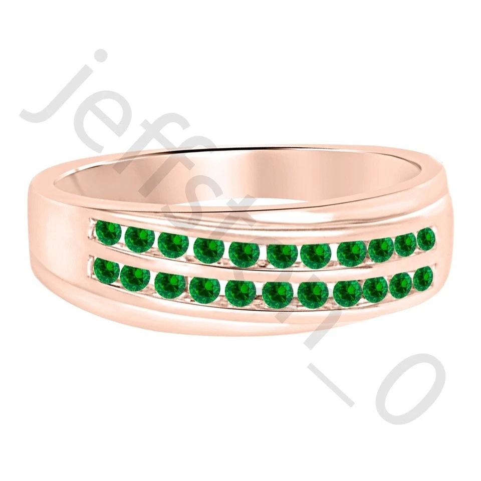 0.90Ct Lab Created Emerald 14K Rose Gold Over Two Rows Wedding Band Men's Ring - Image 2 of 4