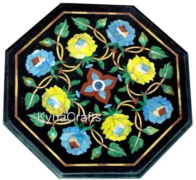 Black Marble Coffee Table Top Floral Pattern Inlay Work Balcony Table for Hotel