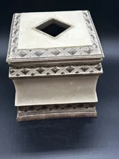 Hollywood Regency Tissue Box Cover Faux Marble Resin Antique Gold Trim