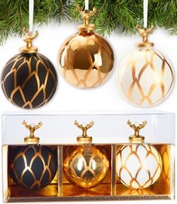 3 PZ Palle di Natale Vetro Palline Natalizie 8 cm Motivo Foglia Cervo Porcellana
