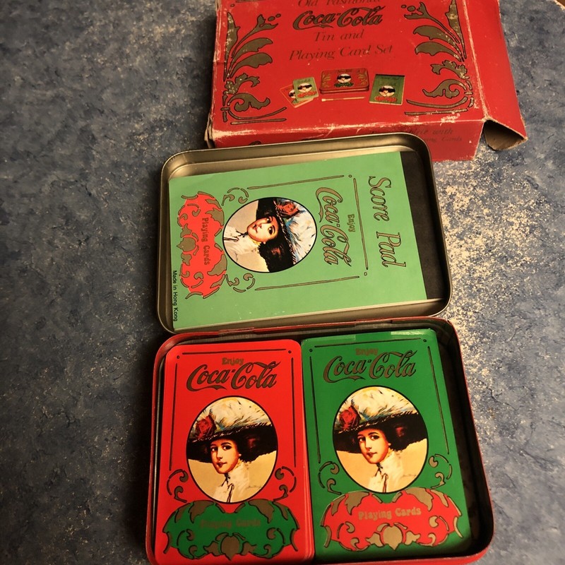 Vtg Coca Cola Playing Cards Green & Red Double Decks in Collectible Tin And Box