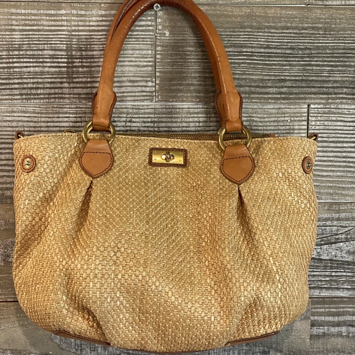 J Crew Beige Woven Polyester Tote Bag Brown Leather Trim and Handles
