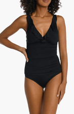 La Blanca Womens Black Ruffle V Neck One Piece Swimsuit L26059 Size 12