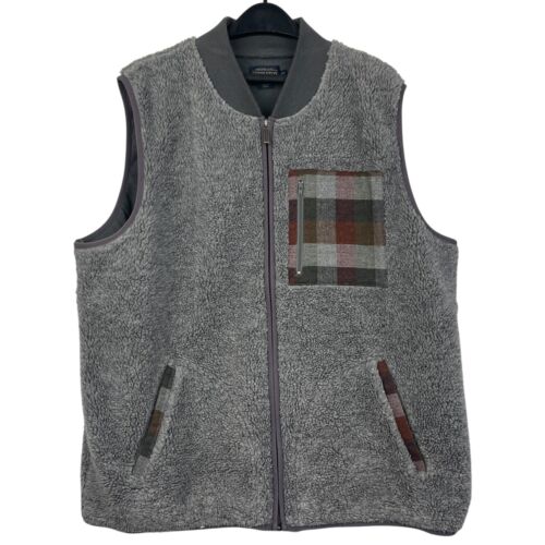 Pendleton Mens XXL Sherpa Fleece Vest Full Zip Grey with Wool Plaid Pocket