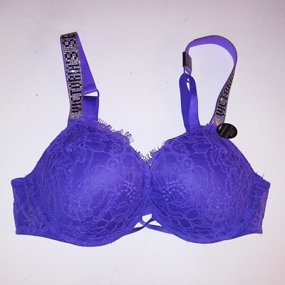 Victoria Secret Bra 32A Bombshell Push Up Purple Lace Shine Strap