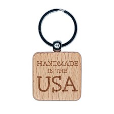 Handmade in the USA America Engraved Wood Square Keychain Tag Charm
