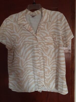 White Stag Black Tan Zebra Print Button Up Short Sleeve Shirt L collared Cotton