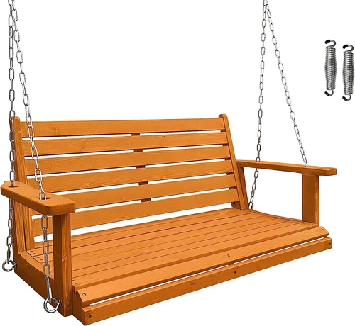 Wooden Porch Swing Bench 2-Seater Ergonomic Seat Outdoor Patio Garden Yard Tone