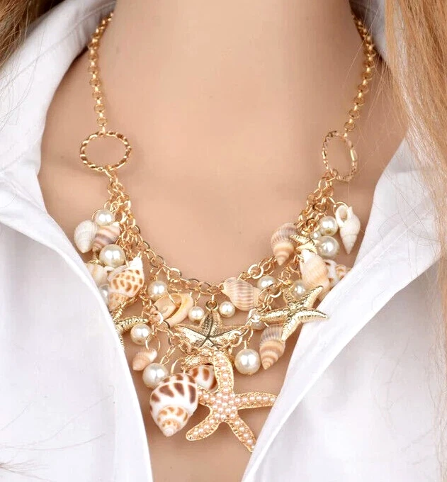 Mermaid Ocean SHELLS Beach STARFISH Sea PEARLS Betsey Johnson Shell Necklace - Image 4 of 4